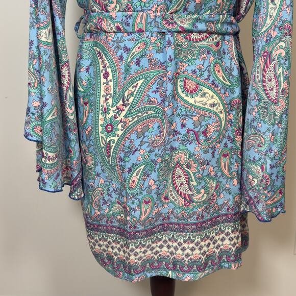 100% Silk Belted Kimono Robe W/ Bell Sleeves. Made In India. Vibrant Midi Blue - Picture 4 of 12